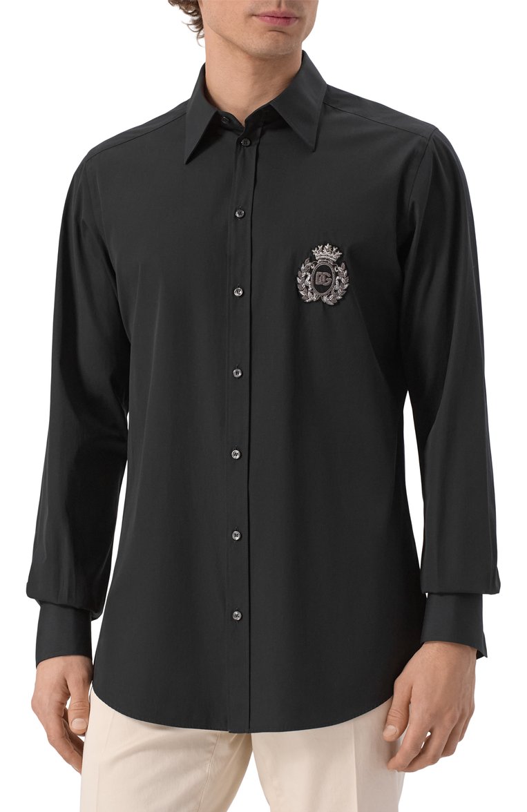 Мужская хлопковая рубашка DOLCE & GABBANA черного цвета, арт. G5ML1Z/GI757 | Фото 3 (Длина (для топов): Стандартные; Материал внешний: Хлопок; Рукава: Длинные; Случай: Вечерний, Повседневный; Рубашки М: Regular Fit; Воротник: Кент; Принт: Однотонные; Манжеты: Под запонки; Стили: Кэжуэл; Автоматизация состава: Проставлено; Автоматизация ТО: Проставлено; Размерность: Идёт в размер; Детали: Декор)