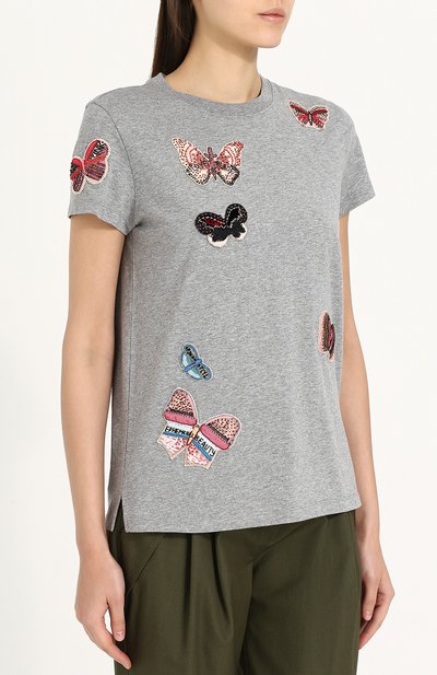 Футболка прямого кроя с отделкой в виде бабочек VALENTINO серого цвета по цене 151500 руб., арт. PB3MG06U/3P7, фото 3 Футболка прямого кроя с отделкой в виде бабочек VALENTINO, арт. PB3MG06U/3P7, фото 3