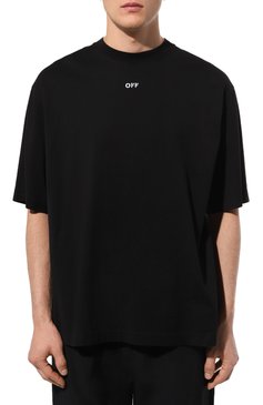 Мужская хлопковая футболка OFF-WHITE черного цвета, арт. 0MAA120S24JER004 | Фото 3 (Длина (для топов): С�тандартные; Принт: С принтом; Материал сплава: Проставлено; Материал внешний: Хлопок; Драгоценные камни: Проставлено; Рукава: 3/4; Стили: Кэжуэл)