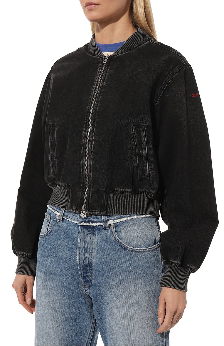 Женский джинсовая куртка DIESEL черного цвета, арт. A12763/09I35 | Фото 3 (Кросс-КТ: Куртка, Деним; Рукава: Длинные; Материал сплава: Проставлено; Материал внешний: Хлопок, Деним; Драгоценные камни: Проставлено; Длина (верхняя одежда): Короткие)