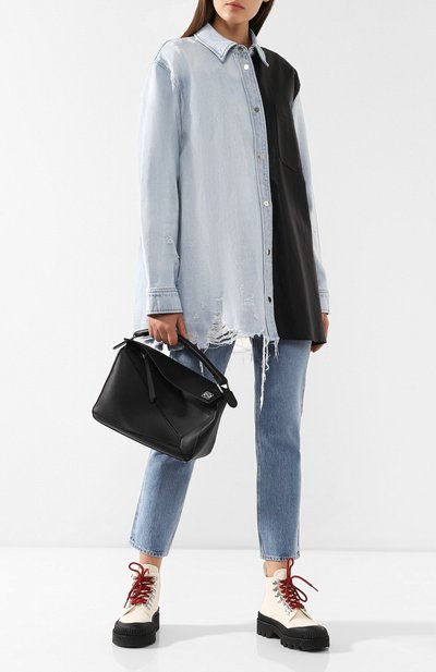 Рубашка с кожаной вставкой ALEXANDER WANG голубого цвета по цене 93250 руб., арт. 1W492362L7, фото 2 Рубашка с кожаной вставкой ALEXANDER WANG, арт. 1W492362L7, фото 2