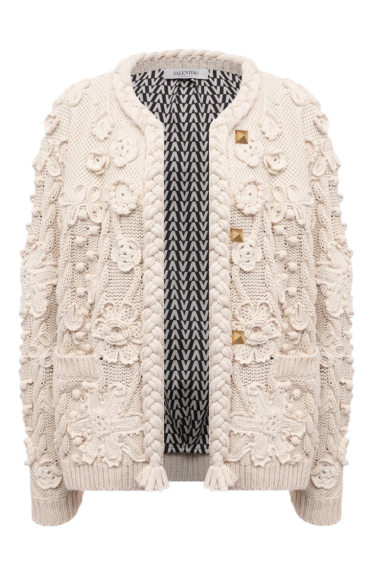 Женский хлопковый кардиган VALENTINO бежевого цвета, арт. VB3KH01D693 | Фото 1 (Рукава: Длинные; Материал подклада: Синтетический материал; Длина (для топов): Стандартные; Материал внешний: Хлопок; Стили: Романтичный; Женское Кросс-КТ: кардиган-трикотаж; Региональные ограничения белый список (Axapta Mercury): RU)