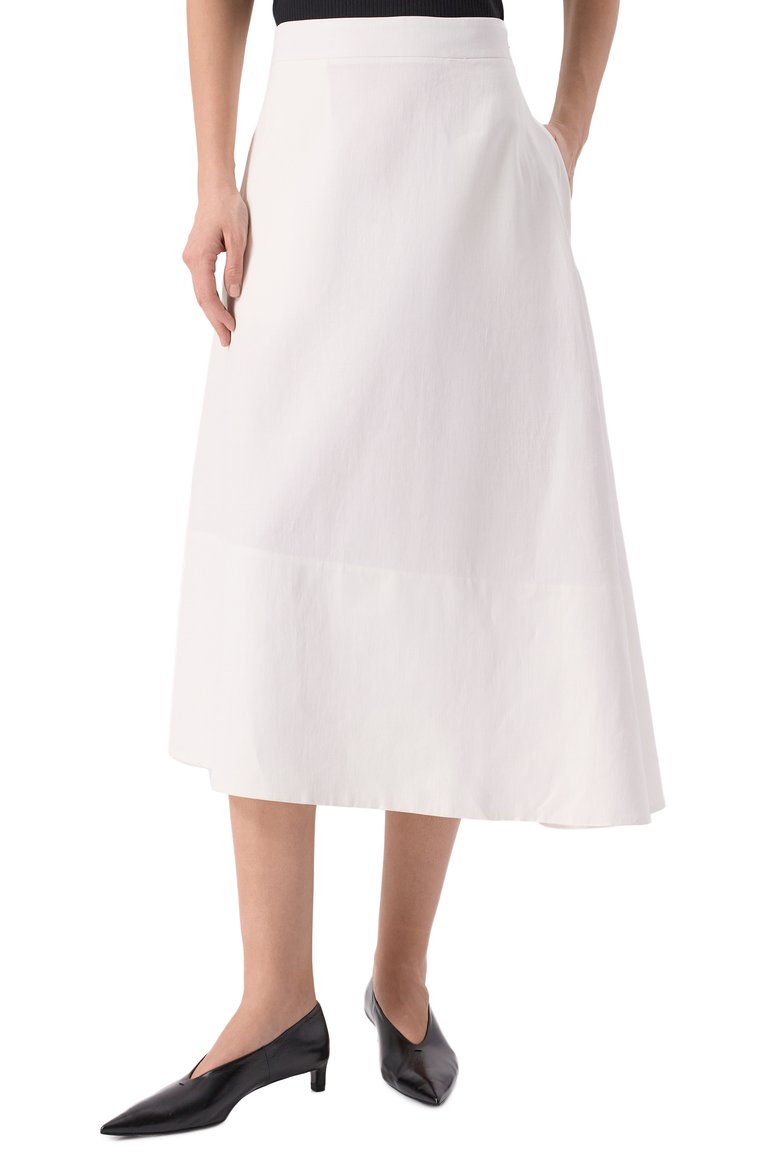 Женская льняная юбка JIL SANDER белого цвета, арт. J04MA0006/J60001 | Фото 3 (Длина Ж (юбки, платья, шорты): Миди; Материал сплава: Проставлено; Драгоценные камни: Проставлено; Материал внешний: Лен; Стили: Минимализм; Кросс-КТ: костюм)