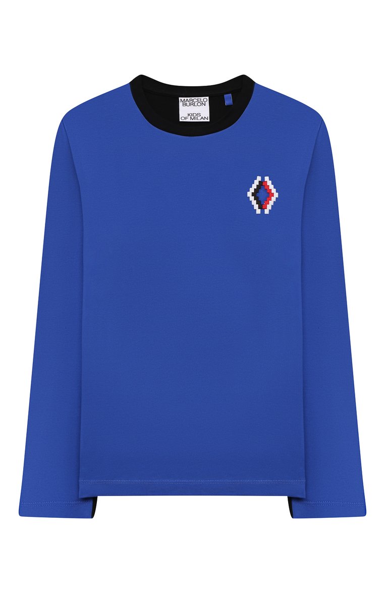 Детская хлопковый лонгслив MARCELO BURLON KIDS OF MILAN синего цвета, арт. CBAB004F21JER001 | Фото 1 (Материал внешний: Хлопок; Рукава: Длинные; Мальчики Кросс-КТ: Лонгслив-одежда; Драгоценные камни: Проставлено; Материал сплава: Проставлено; Ростовка одежда: 10 - 11 лет | 140 - 146см, 12 лет | 152 см, 6 лет | 116 см, 8 лет | 128 см)