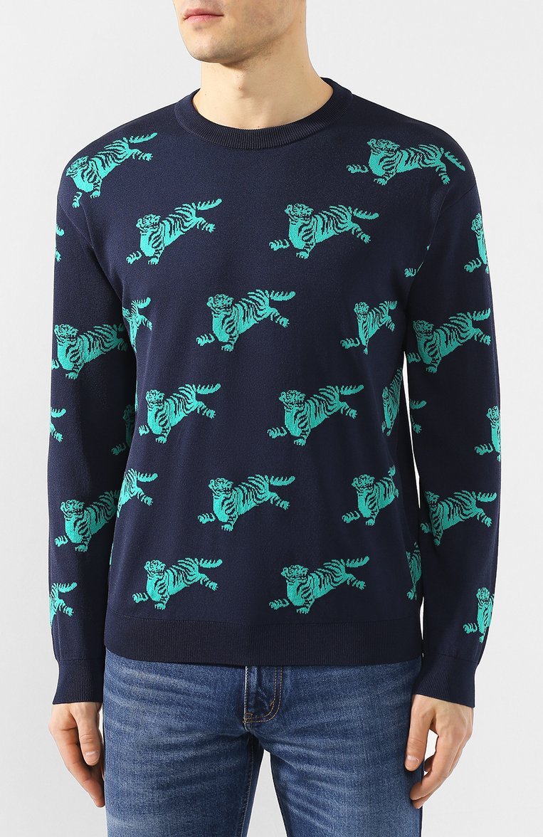 Мужской джемпер из смеси вискозы и хлопка KENZO темно-синего цвета, арт. FA55PU5033LA | Фото 3 (Материал внешний: Хлопок, Вискоза; Длина (для топов): Стандартные; Рукава: Длинные; Статус проверки: Проверена категория; Принт: С принтом; Мужское Кросс-КТ: Джемперы; Вырез: Круглый; Стили: Кэжуэл)