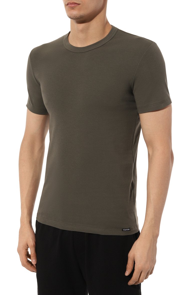 Мужская хлопковая футболка TOM FORD хаки цвета, арт. T4M08104 | Фото 3 (Рукава: Короткие; Материал сплава: Проставлено; Длина (для топов): Стандартные; Драгоценные камни: Проставлено; Материал внешний: Хлопок; Кросс-КТ: домашняя одежда)