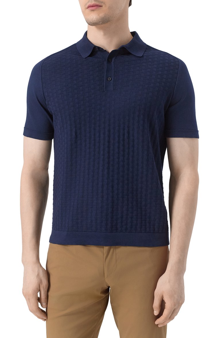 Мужское хлопковое пол�о CORNELIANI темно-синего цвета, арт. 25M506-2525138 | Фото 3 (Рукава: Короткие; Длина (для топов): Стандартные; Материал внешний: Хлопок; Принт: Без принта; Застежка: Пуговицы; Кросс-КТ: Трикотаж; Стили: Кэжуэл)