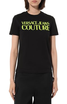 Женская хлопковая футболка VERSACE JEANS COUTURE черного цвета, арт. 74HAHT03/CJ000 | Фото 3 (Рукава: Короткие; Принт: С принтом; Материал сплава: Проставлено; Материал внешний: Хлопок; Стили: Спорт-шик; Женское Кросс-КТ: Футболка-одежда; Драгоценные камни: Проставлено)