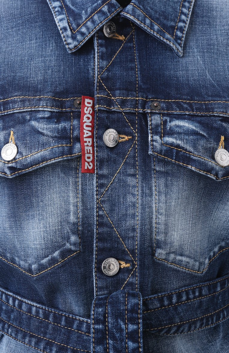 Женская джинсовая куртка DSQUARED2 синего цвета, арт. S75DL0906/S30664 | Фото 6 (Материал сплава: Проставлено; Длина (верхняя одежда): Короткие; Драгоценные камни: Проставлено; Рукава: Длинные; Кросс-КТ: Деним, Куртка, Легкие; Стили: Кэжуэл; Материал внешний: Деним, Хлопок)