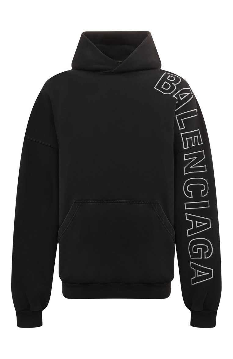 Мужской хлопковое худи BALENCIAGA черного цвета, арт. 739024/T0VV2 | Фото 1 (Рукава: Длинные; Материал внешний: Хлопок; Длина (для топов): Стандартные; Стили: Спорт-шик; Мужское Кросс-КТ: Худи-одежда; Принт: С принтом)