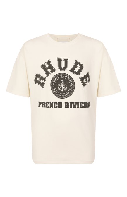 Мужская хлопковая футболка RHUDE кремвого цвета, арт. RHPS25TT08012 | Фото 1 (Длина (для топов): Стандартные; Материал внешний: Хлопок; Драгоценные камни: Проставлено; Рукава: Короткие; Материал сплава: Проставлено)