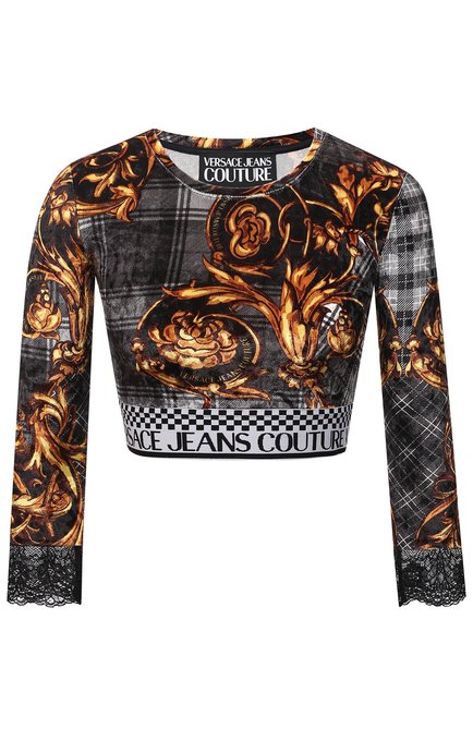 Женский топ VERSACE JEANS COUTURE разноцветного цвета, арт. 71HAH229-71DP229 VELLUT0 ST PRINT/JS023 | Фото 1 (Длина (для топов): Укороченные; Рукава: 3/4; Материал внешний: Синтетический материал; Стили: Гламурный)