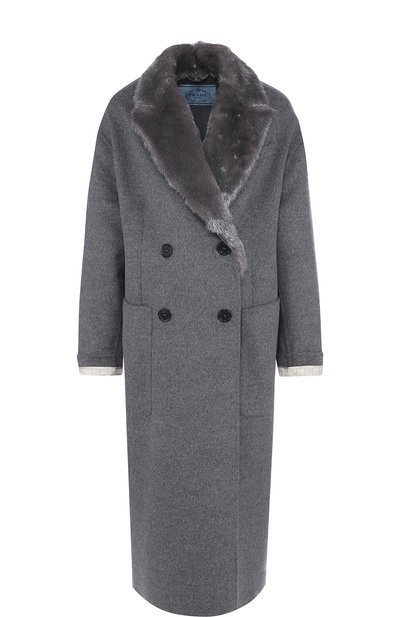 Двубортное пальто свободного кроя с меховой отделкой PRADA, арт. P600HP-1P80-F0535, фото 1