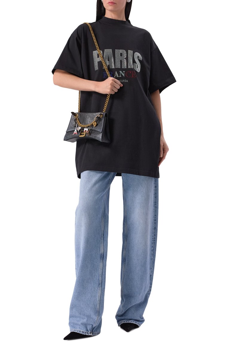 Женская хлопковая футболка BALENCIAGA черного цвета, арт. 787349/TRVL5 | Фото 2 (Длина (для топов): Удлиненные; Рукава: Короткие; Материал сплава: Проставлено; Материал внешний: Хлопок; Драгоценные камни: Проставлено; Стили: Гранж; Принт: С принтом; Женское Кросс-КТ: Футболка-одежда)