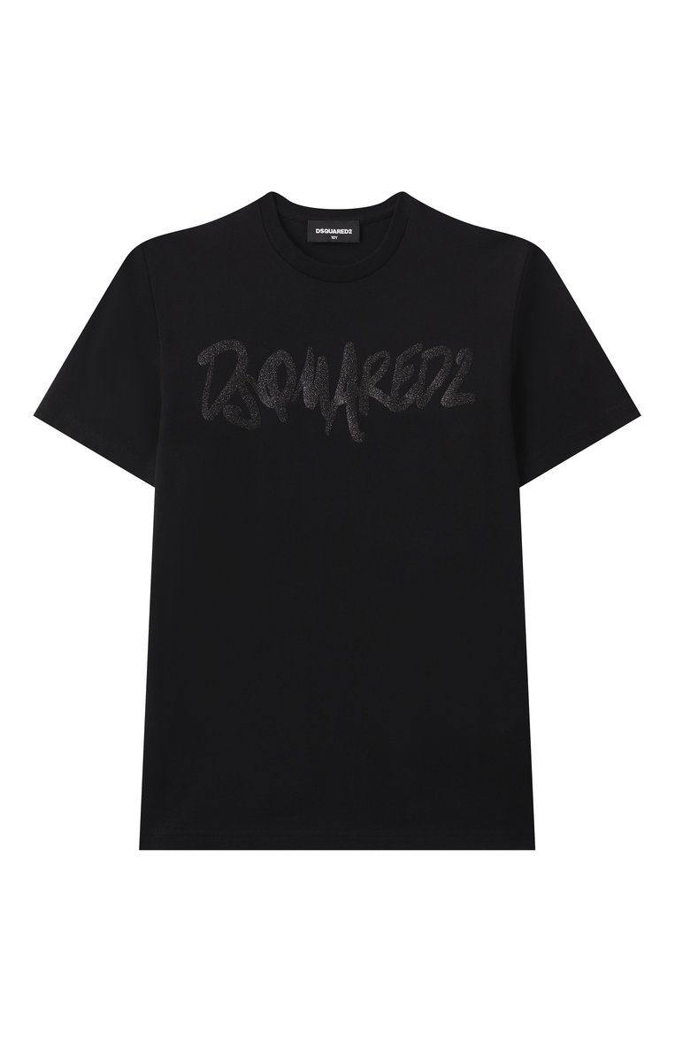 Детская хлопковая футболка DSQUARED2 черного цвета, арт. DQ2714/D0ACY | Фото 1 (Драгоценные камни: Проставлено; Материал сплава: Проставлено; Рукава: Короткие; Девочки Кросс-КТ: футболка-одежда; Материал внешний: Хлопок; Ростовка одежда: 4 года | 104 см, 16 лет | 164 см, 6 лет | 116 см, 8 лет | 128 см, 10 - 11 лет | 140 - 146см, 13 - 15 лет | 158 см)