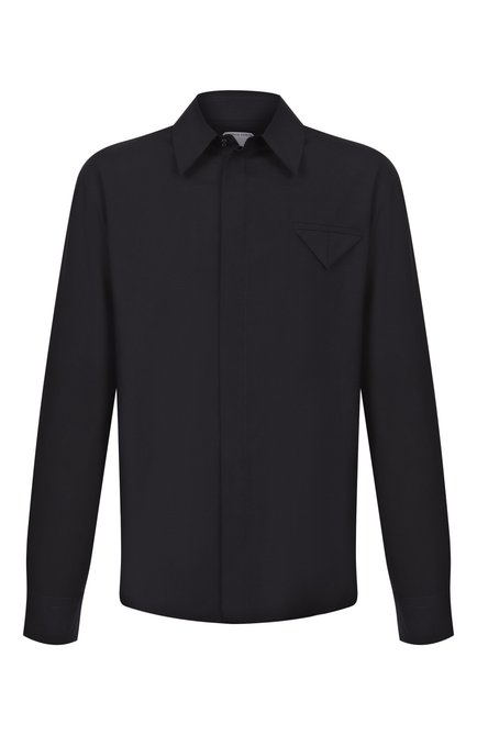Мужская шерстяная рубашка BOTTEGA VENETA темно-синего цвета, арт. 703578/V4XP0 | Фото 1 (Материал сплава: Проставлено; Драгоценные камни: Проставлено; Длина (для топов): Стандартные; Материал внешний: Шерсть; Рукава: Длинные)