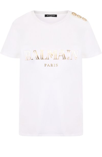 Хлопковая футболка с логотипом бренда и контрастными пуговицами BALMAIN, арт. 148120/326I, фото 1