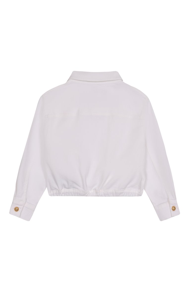 Детская джинс�овая куртка BALMAIN белого цвета, арт. BW2A47 | Фото 2 (Автоматизация ТО: Проставлено; Материал внешний: Хлопок, Деним; Автоматизация состава: Проставлено; Рукава: Длинные; Кросс-КТ: Деним; Ростовка одежда: 8 лет | 128 см, 16 лет | 164 см, 10 - 11 лет | 140 - 146см, 12 лет | 152 см, 13 - 15 лет | 158 см)
