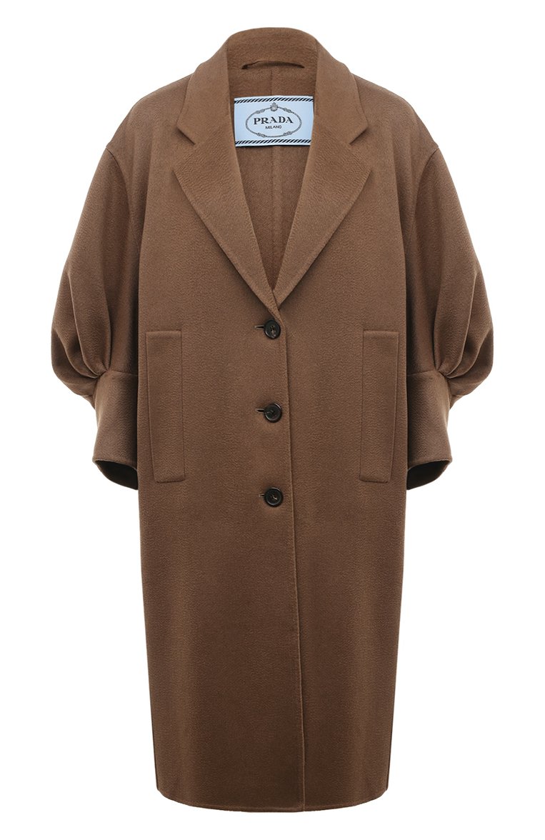 Женское кашемировое пальто PRADA бежевого цвета, арт. P682O-1XON-F0040-212 | Фото 1 (Длина (верхняя одежда): До колена; Материал внешний: Шерсть, Кашемир; Рукава: Длинные; 1-2-бортные: Однобортные; Стили: Кэжуэл)
