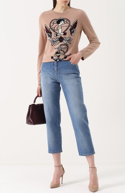 Укороченные джинсы с потертостями и заклепками VALENTINO, арт. NB3DD03G/2PY, фото 2