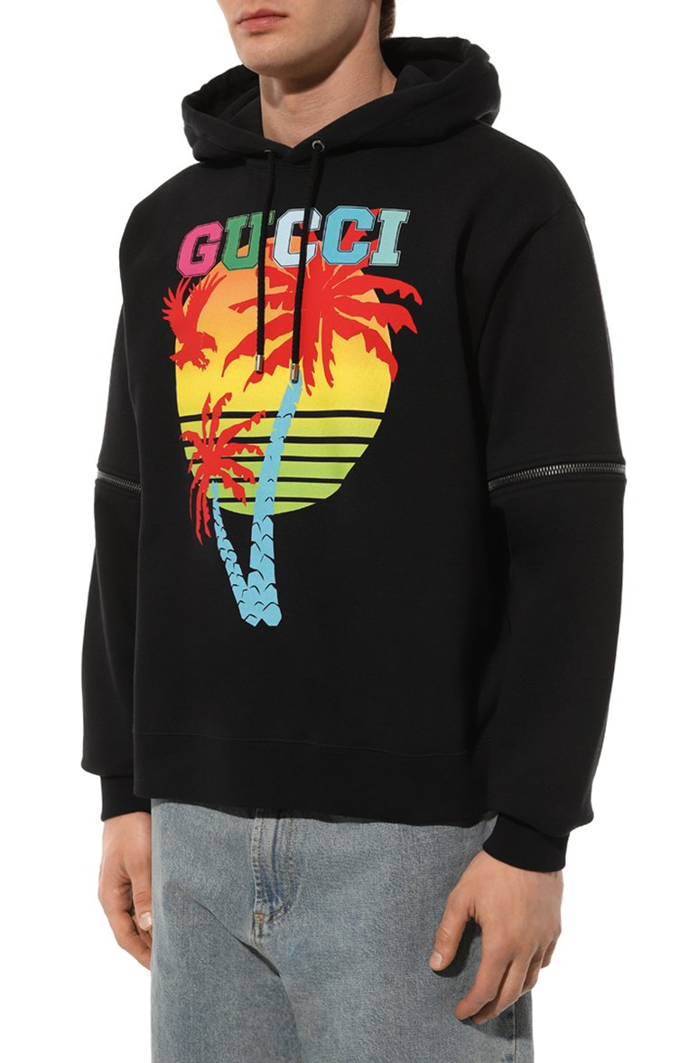 Мужской хлопковое худи GUCCI черного цвета, арт. 700117/XJE0T | Фото 3 (Длина (для топов): Стандартные; Стили: Кэжуэл; Материал внешний: Хлопок; Рукава: Длинные; Принт: С принтом; Мужское Кросс-КТ: Худи-одежда)