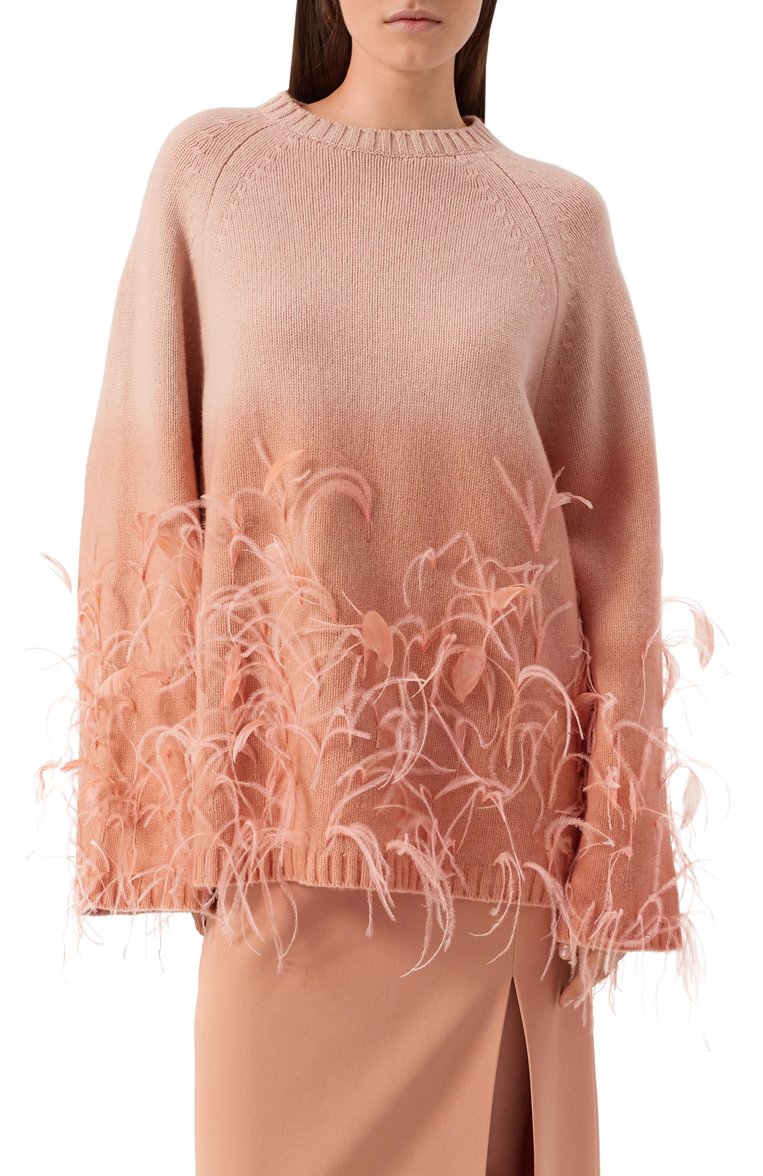 Женский свитер из шерсти и кашемира ELIE SAAB светло-розового цвета, арт. T0100 | Фото 3 (Рукава: Длинные; Длина (для топов): Стандартные; Материал внешний: Шерсть; Материал сплава: Проставлено; Драгоценные камни: Проставлено; Женское Кросс-КТ: Свитер-одежда; Стили: Романтичный)