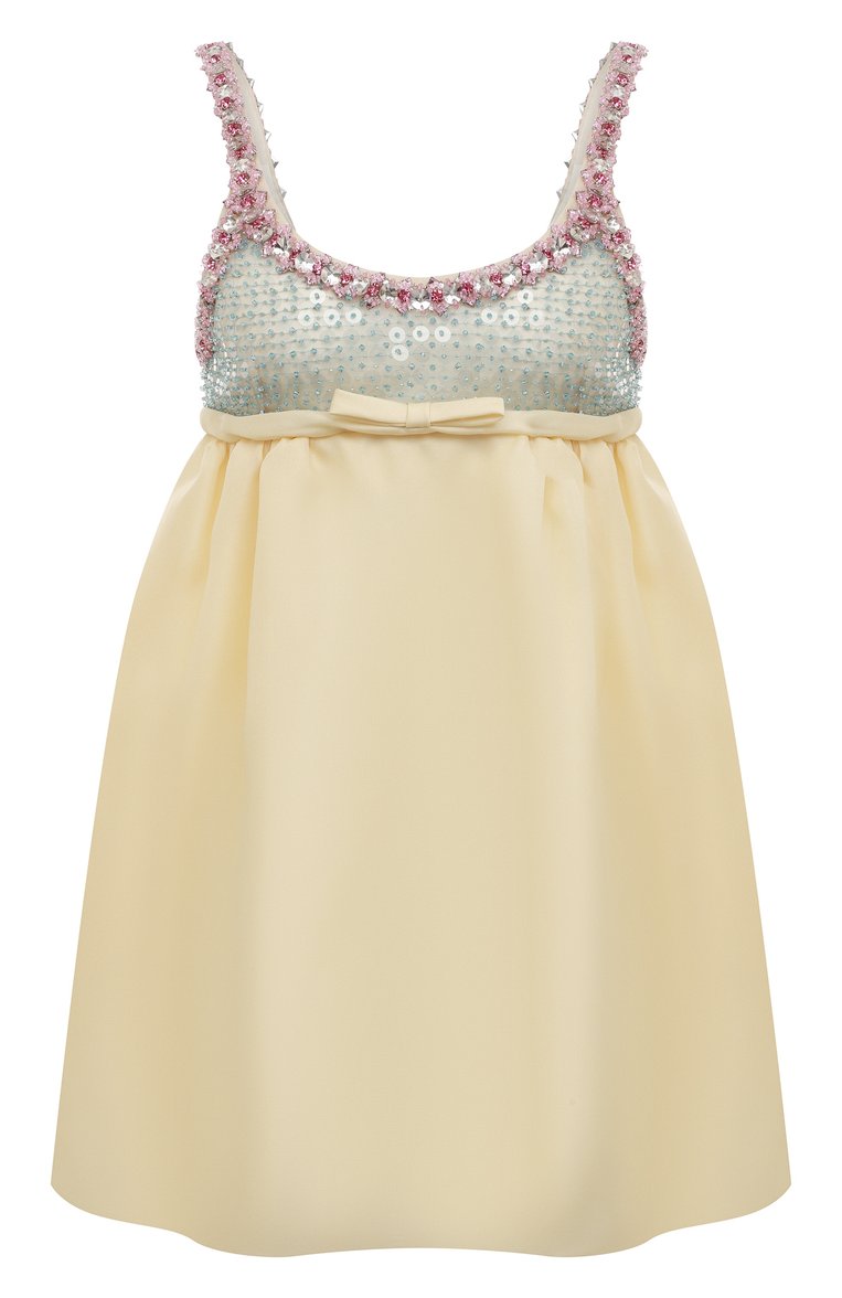 Женское платье MIU MIU желтого цвета, арт. MF4569-10YA-F0061 | Фото 1 (Длина Ж (юбки, платья, шорты): Мини; Материал внешний: Синтетический материал; Женское Кросс-КТ: Платье-одежда, Сарафаны; Случай: Повседневный; Стили: Романтичный; Материал сплава: Проставлено; Драгоценные камни: Проставлено; Рукава: На бретелях)