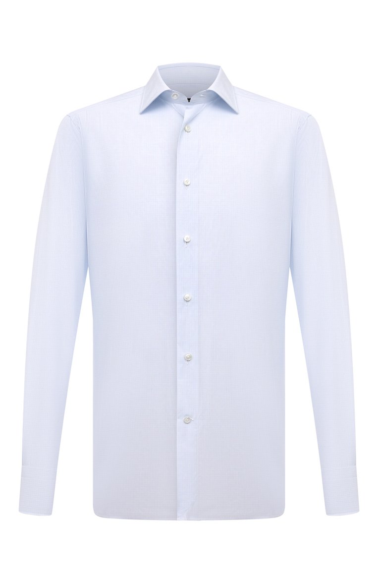 Мужская хлопковая сорочка ZEGNA голубого цвета, арт. 701523A7/9MS0JI | Фото 1 (Драгоценные камни: Проставлено; Материал внешний: Хлопок; Рукава: Длинные; Материал сплава: Проставлено; Длина (для топов): Стандартные; Рубашки М: Regular Fit; Манжеты: На пуговицах; Воротник: Кент; Случай: Формальный; Принт: Клетка; Стили: Классический)