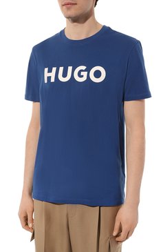 Мужская хлопковая футболка HUGO синего цвета, арт. 50467556 | Фото 3 (Рукава: Короткие; Материал сплава: Проставлено; Материал внешний: Хлопок; Драгоценные камни: Проставлено; Принт: С принтом; Стили: Кэжуэл; Длина (для топов): Стандартные; Мужское Кросс-КТ: Футболка-одежда; Кросс-КТ: Джерси)