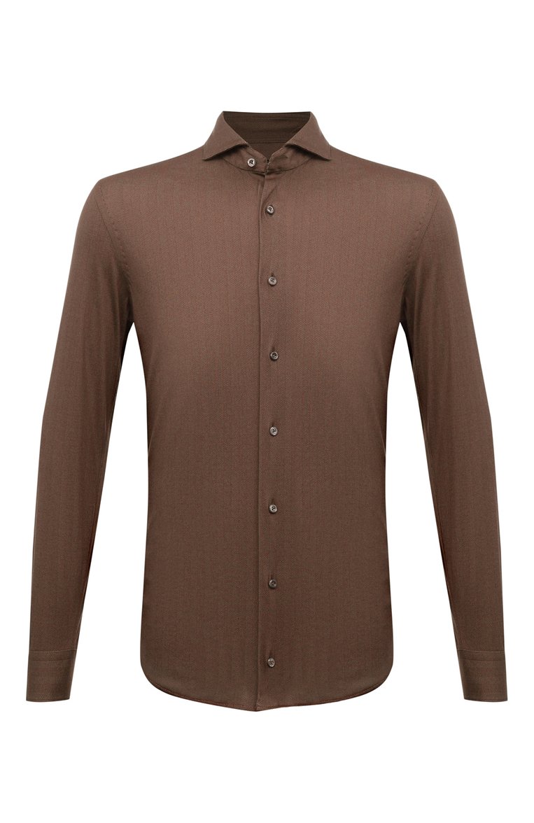 Мужская хлопковая рубашка VAN LAACK коричневого цвета, арт. PER-LSF/187550 | Фото 1 (Манжеты: На пуговицах; Рукава: Д�линные; Воротник: Акула; Случай: Повседневный; Длина (для топов): Стандартные; Рубашки М: Slim Fit; Материал сплава: Проставлено; Материал внешний: Хлопок; Принт: Однотонные; Драгоценные камни: Проставлено; Стили: Кэжуэл)