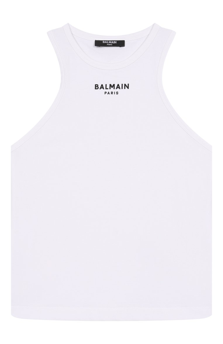 Детская хлопковая майка BALMAIN белого цвета, арт. BW8A72 | Фото 1 (Материал внешний: Хлопок; Девочки Кросс-КТ: Майка-одежда; Рукава: Без рукавов; Автоматизация ТО: Проставлено; Автоматизация состава: Проставлено; Ростовка одежда: 8 лет | 128 см, 6 лет | 116 см, 10 - 11 лет | 140 - 146см, 12 лет | 152 см, 16 лет | 164 см, 13 - 15 лет | 158 см)