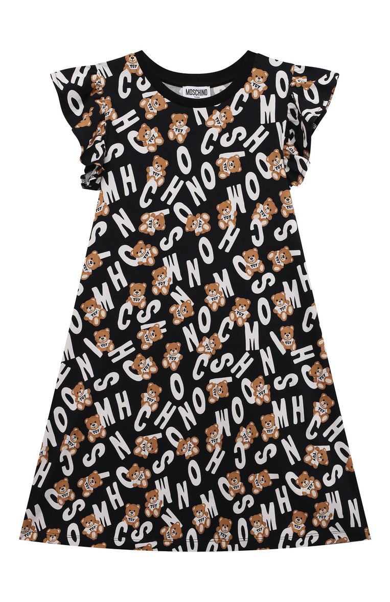 Детское хлопковое платье MOSCHINO черного цвета, арт. HDV0CY/LBBB8/6 | Фото 1 (Рукава: Короткие; Материал внешний: Хлопок; Девочки Кросс-КТ: Платье-одежда; Случай: Повседневный; Драгоценные камни: Проставлено; Нос: Не проставлено; Материал сплава: Проставлено)
