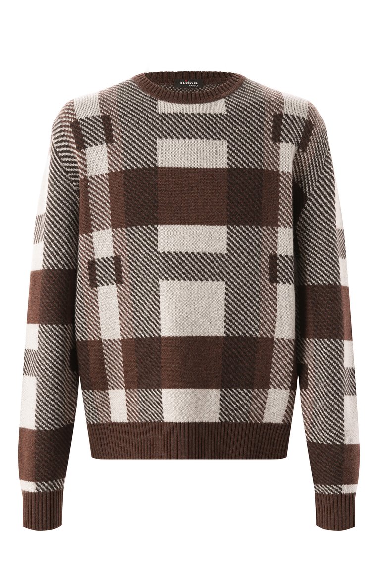 Мужской кашемировый джемпер KITON коричневого цвета, арт. UMK043303_4XL-7XL | Фото 1 (Рукава: Длинные; Длина (для топов): Стандартные; Материал внешний: Кашемир, Шерсть; Вырез: Круглый; Стили: Кэжуэл; Принт: С принтом; Мужское Кросс-КТ: Джемперы; Автоматизация состава: Проставлено; Детали: Без декора; Автоматизация ТО: Проставлено)