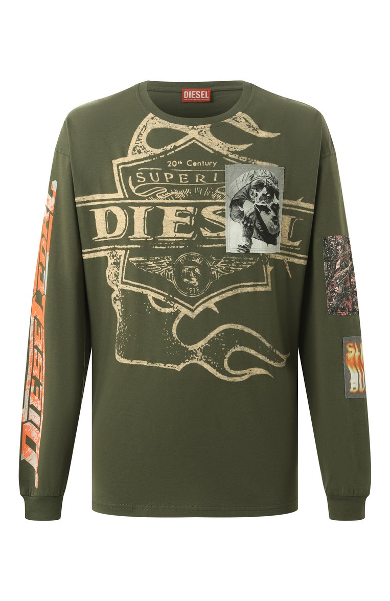 Мужская хлопковый лонгслив DIESEL хаки цвета, арт. A16163/0PLAT | Фото 1 (Длина (для топов): Стандартные; Рукава: Длинные; Принт: С принтом; Стили: Милитари; Материал внешний: Хлопок; Кросс-КТ: Джерси; Мужское Кросс-КТ: Футболка-одежда; Автоматизация ТО: Проставлено; Автоматизация состава: Проставлено; Детали: Декор)