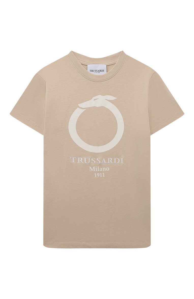 Детская хлопковая футболка TRUSSARDI JUNIOR светло-бежевого цвета, арт. TBP24099TS | Фото 1 (Материал сплава: Проставлено; Рукава: Короткие; Драгоценные камни: Проставлено; Материал внешний: Хлопок; Мальчики Кросс-КТ: Футболка-одежда; Ростовка одежда: 8 лет | 128 см, 16 лет | 164 см, 10 - 11 лет | 140 - 146см, 13 - 15 лет | 158 см, 12 лет | 152 см)