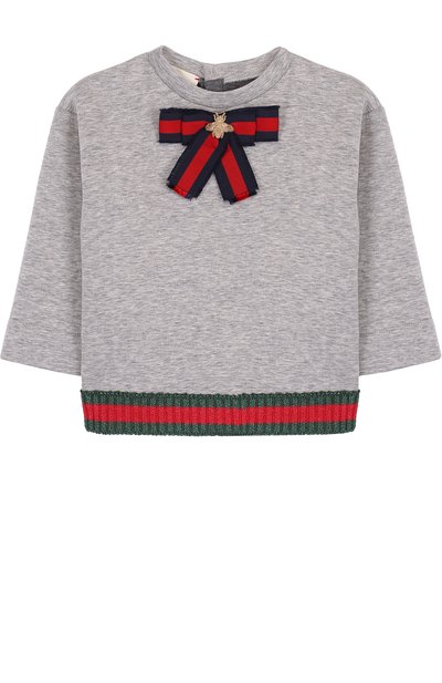 Хлопковый свитшот с бантом и металлизированной отделкой GUCCI серого цвета по цене 33650 руб., арт. 503947/X9073, фото 1 Хлопковый свитшот с бантом и металлизированной отделкой GUCCI, арт. 503947/X9073, фото 1