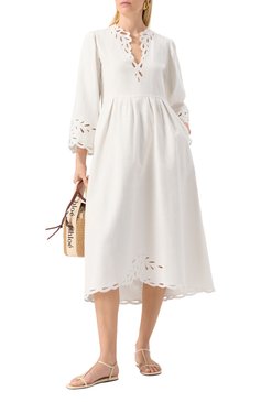 Женское хлопковое платье ISABEL MARANT ETOILE белого цвета, арт. 25PR00656FA/C1J12E | Фото 2 (Драгоценные камни: Проставлено; Рукава: Длинные; Материал сплава: Проставлено; Длина Ж (юбки, платья, шорты): Миди; Женское Кросс-КТ: Платье-одежда; Случай: Повседневный; Стили: Романтичный; Материа�л внешний: Хлопок)