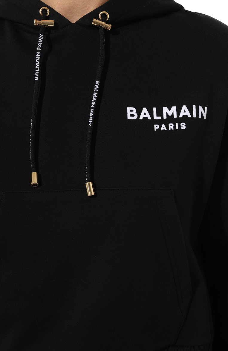 Женский хлопковое худи BALMAIN черного цвета, арт. BF1JP000/BB01 | Фото 5 (Рукава: Длинные; Длина (для топов): Стандартные; Материал внешний: Хлопок; Женское Кросс-КТ: Худи-одежда; Стили: Спорт-шик)