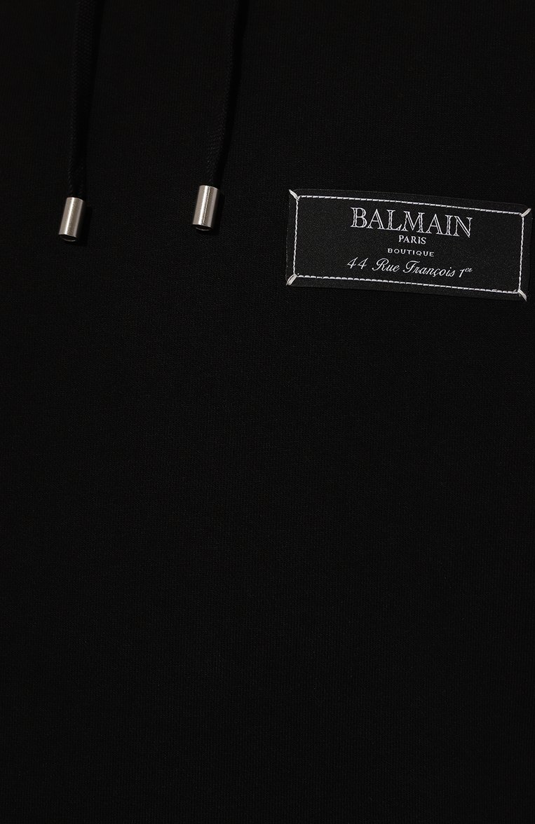 Мужской хлопковое худи BALMAIN черного цвета, арт. DH1JT047/JB53 | Фото 5 (Материал внешний: Хлопок; Длина (для топов): Стандартные; Драгоценные камни: Проставлено; Рукава: Длинные; Материал сплава: Проставлено; Стили: Спорт-шик; Мужское Кросс-КТ: Худи-одежда; Принт: Без принта)