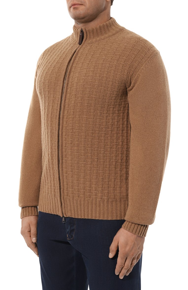 Мужской шерстяной кардиган CANALI бежевого цвета, арт. C0022B/MK01961 | Фото 3 (Длина (для топов): Удлиненные; Материал внешний: Шерсть; Рукава: Длинные; Стили: Кэжуэл; Мужское Кросс-КТ: Кардиган-одежда; Big sizes: Big Sizes; Застежка: Молния; Автоматизация ТО: Проставлено; Автоматизация состава: Проставлено)