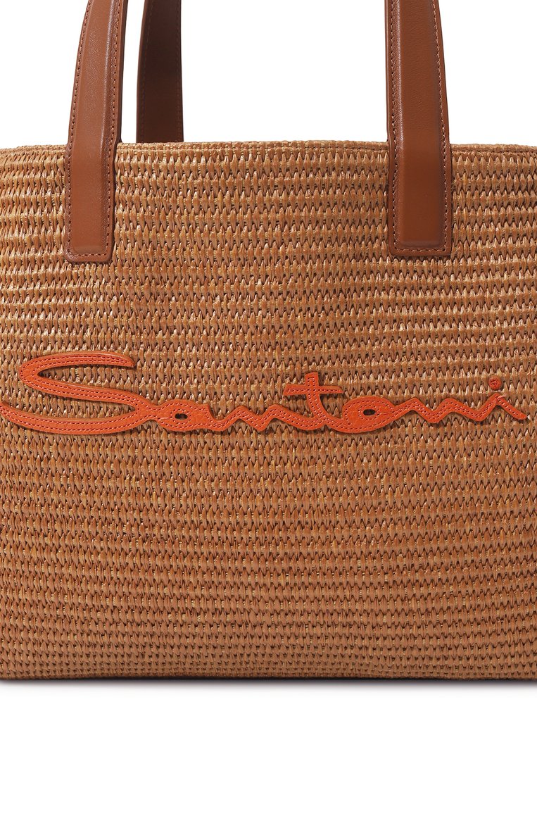 Женская сумка SANTONI коричневого цвета, арт. DIBBA2489BA-HNMSA50 | Фото 3 (Материал сплава: Проставлено; Размер: medium; Драгоценные камни: Проставлено; Материал: Рафия)
