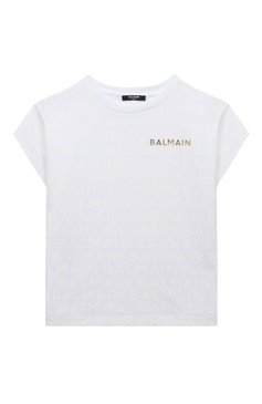 Детская хлопковая футболка BALMAIN белого цвета, арт. BT8A61 | Фото 1 (Девочки Кросс-КТ: футболка-одежда; Рукава: Короткие; Материал сплава: Проставлено; Материал внешний: Хлопок; Драгоценные камни: Проставлено)