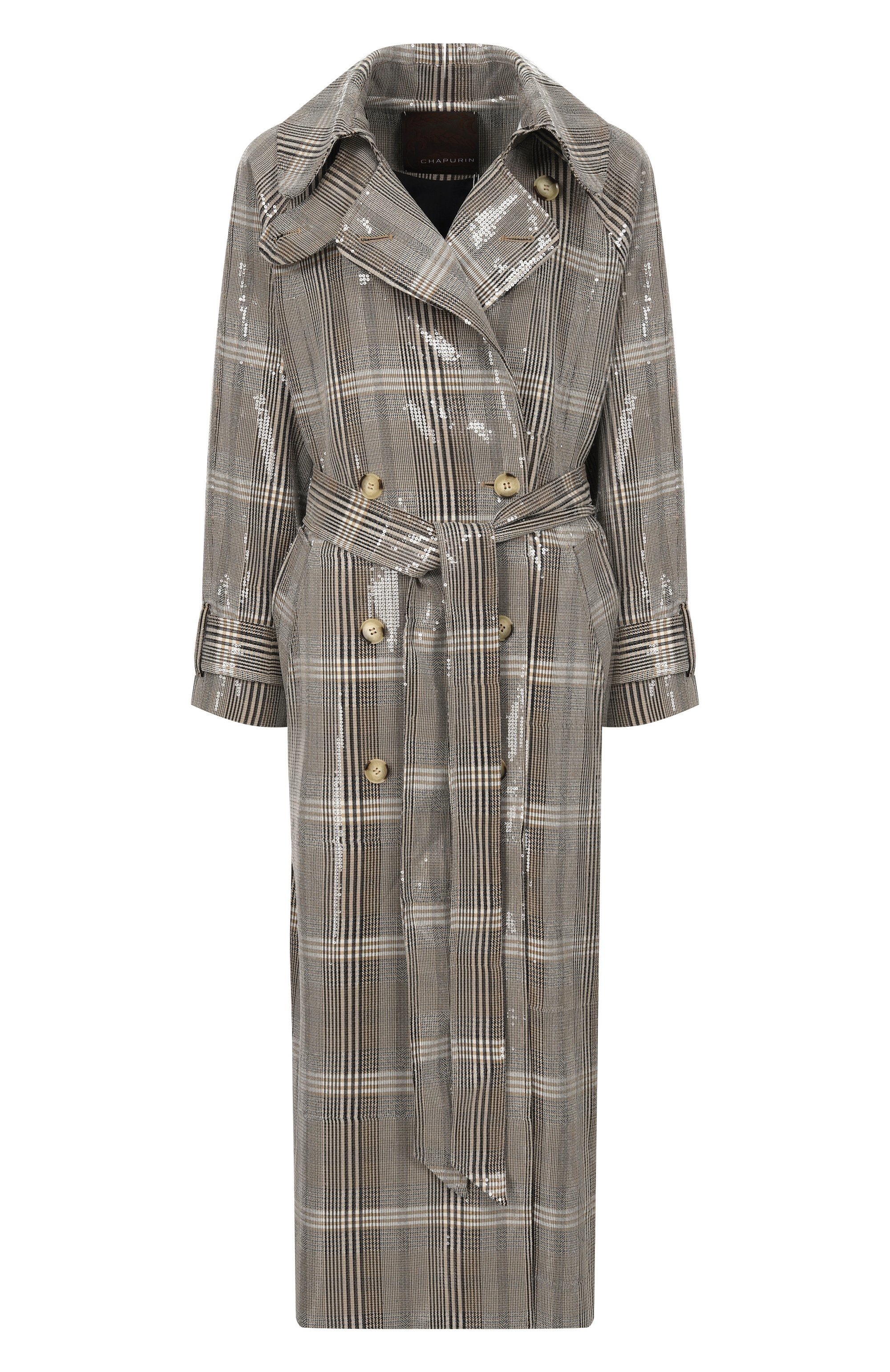 Тренч с отделкой пайетками CHAPURIN серого цвета по цене 150000 руб., арт. CT/17395/28976-М, фото 1 Тренч с отделкой пайетками CHAPURIN, арт. CT/17395/28976-М, фото 1