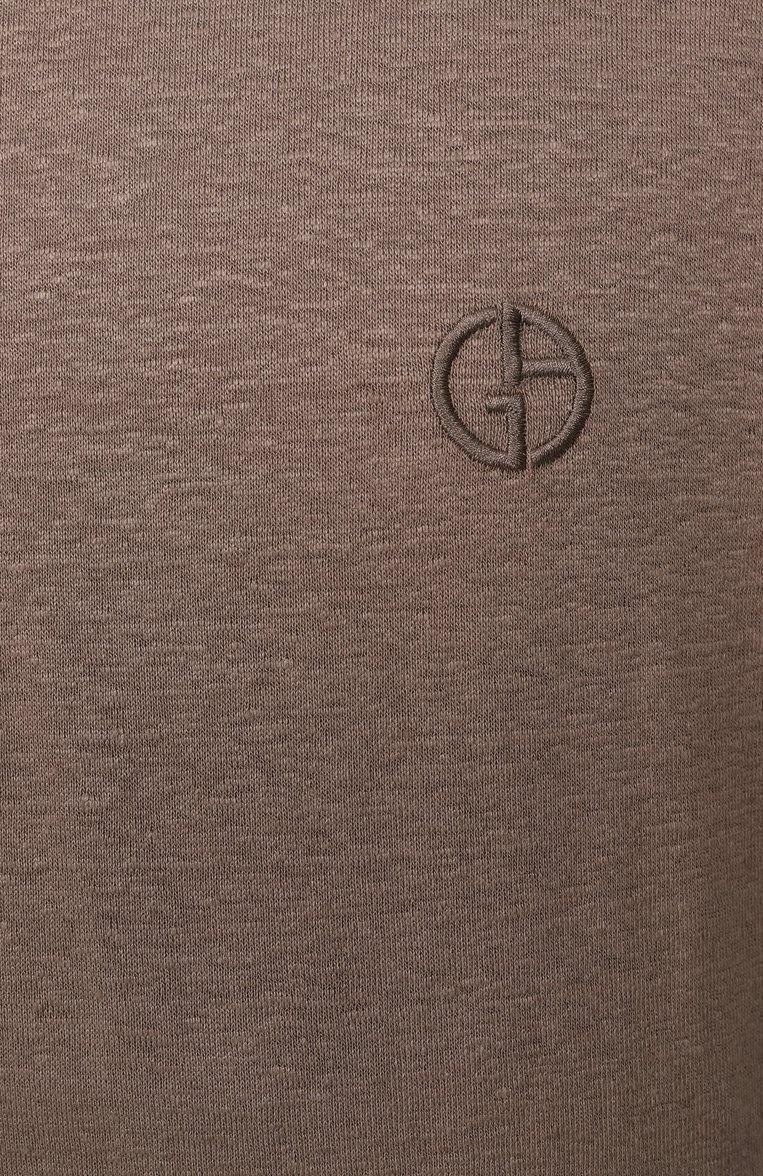 Мужская льняная футболка GIORGIO ARMANI коричневого цвета, арт. GM001099/TE13875 | Фото 6 (Рукава: Короткие; Длина (для топов): Стандартные; Автоматизация состава: Проставлено; Материал внешний: Лен; Автоматизация ТО: Проставлено; Детали: Декор; Принт: Без принта; Мужское Кросс-КТ: Футболка-одежда; Стили: Кэжуэл)