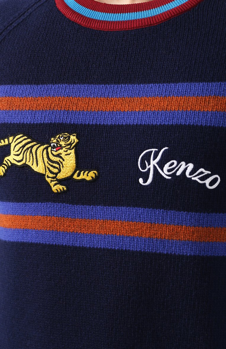 Мужской шерстяной джемпер KENZO темно-синего цвета, арт. F965PU2283DI | Фото 5 (Мужское Кросс-КТ: Джемперы; Материал внешний: Шерсть; Длина (для топов): Стандартные; Рукава: Длинные; Рукава от горловины: Длинные; Статус проверки: Проверено, Проверена категория; Вырез: Круглый; Принт: С принтом; Стили: Кэжуэл)