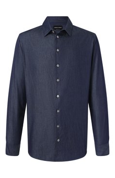 Мужская хлопковая рубашка GIORGIO ARMANI темно-синего цвета, арт. GM001509/AF15417 | Фото 1 (Драгоценные камни: Проставлено; Рукава: Длинные; Длина (для топов): Стандартные; Материал внешний: Хлопок; Материал сплава: Проставлено; Манжеты: На пуговицах; Принт: Однотонные; Воротник: Кент; Случай: Повседневный; Стили: Кэжуэл)