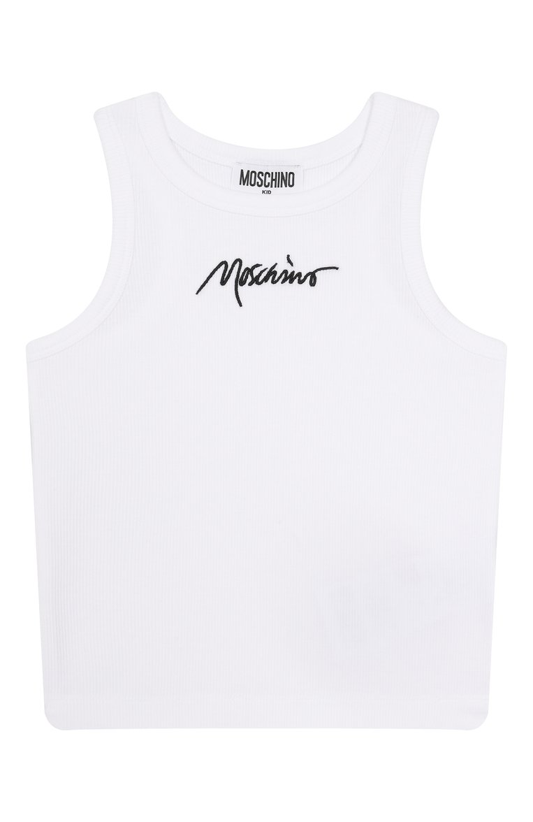 Детская хлопковая майка MOSCHINO белого цвета, арт. HDM06M/LBA39/4-8 | Фото 1 (Материал внешний: Хлопок; Девочки Кросс-КТ: Майка-одежда; Рукава: Без рукавов; Автоматизация ТО: Проставлено; Автоматизация состава: Проставлено; Ростовка одежда: 4 года | 104 см, 6 лет | 116 см, 8 лет | 128 см, 5 лет | 110 см)
