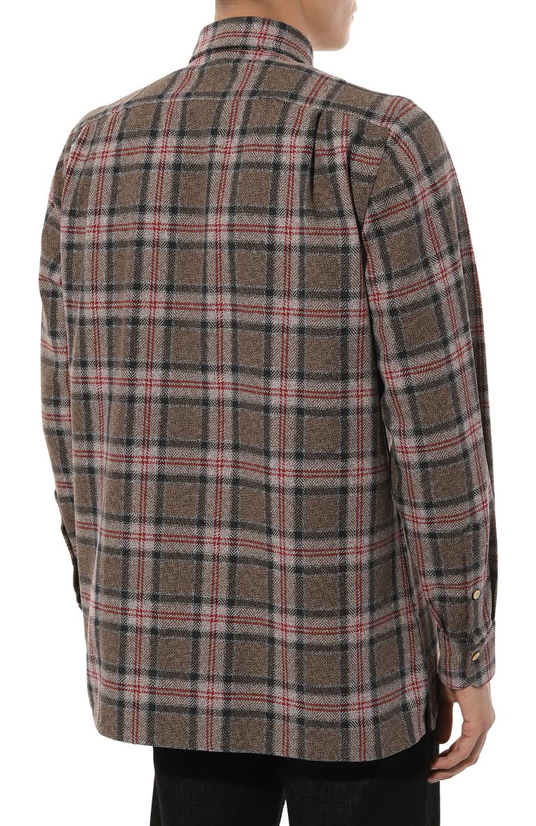 Мужская хлопковая рубашка KITON коричневого цвета, арт. UCRRLH0861305 | Фото 4 (Драгоценные камни: Проставлено; Длина (для топов): Стандартные; Рукава: Длинные; Материал сплава: Проставлено; Материал внешний: Хлопок; Принт: Клетка; Манжеты: На пуговицах; Случай: Повседневный; Воротник: Кент; Стили: Кэжуэл)
