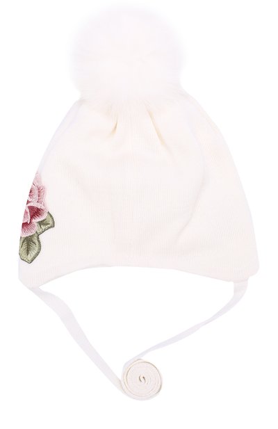 Вязаная шапка с вышивкой и меховым помпоном MONNALISA, арт. 390006F6, фото 2