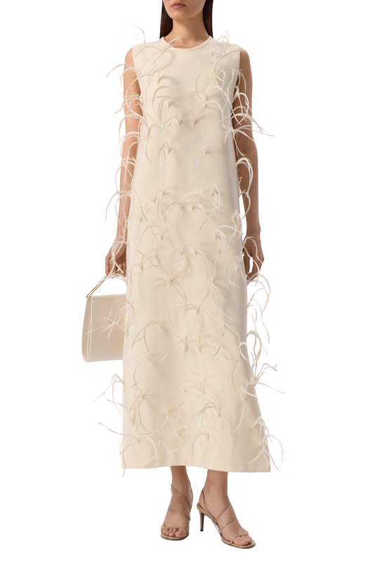 Платье из вискозы с отделкой перьями Jil Sander J03CT0549/J18353 Кремовый  J03CT0549/J18353 Фото 2
